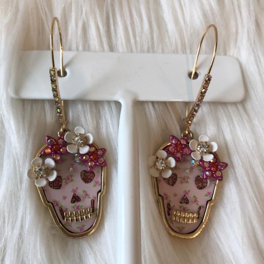 Betsey Johnson Floral Skull Earrings - Picture 2 of 6